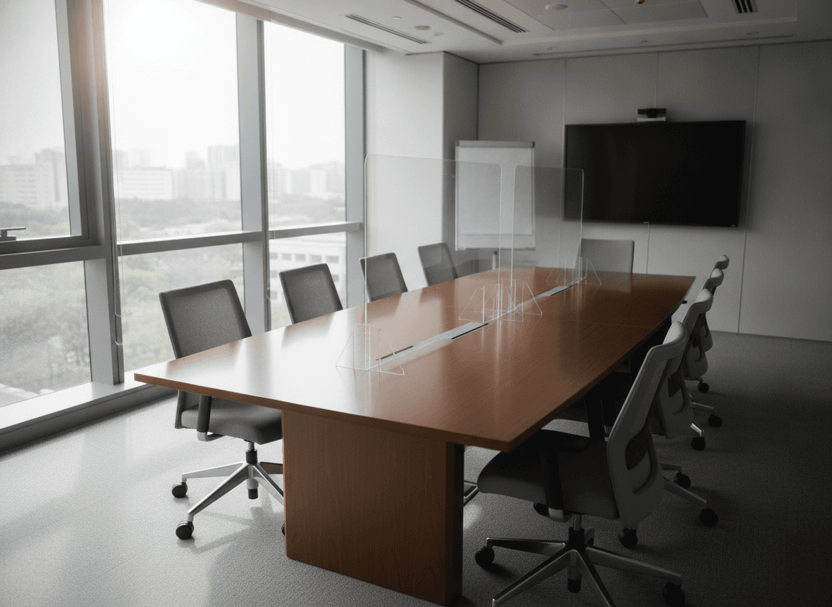 アクリル板が設置された無人の会議室テーブル - Empty Meeting Table with Clear Acrylic Partition