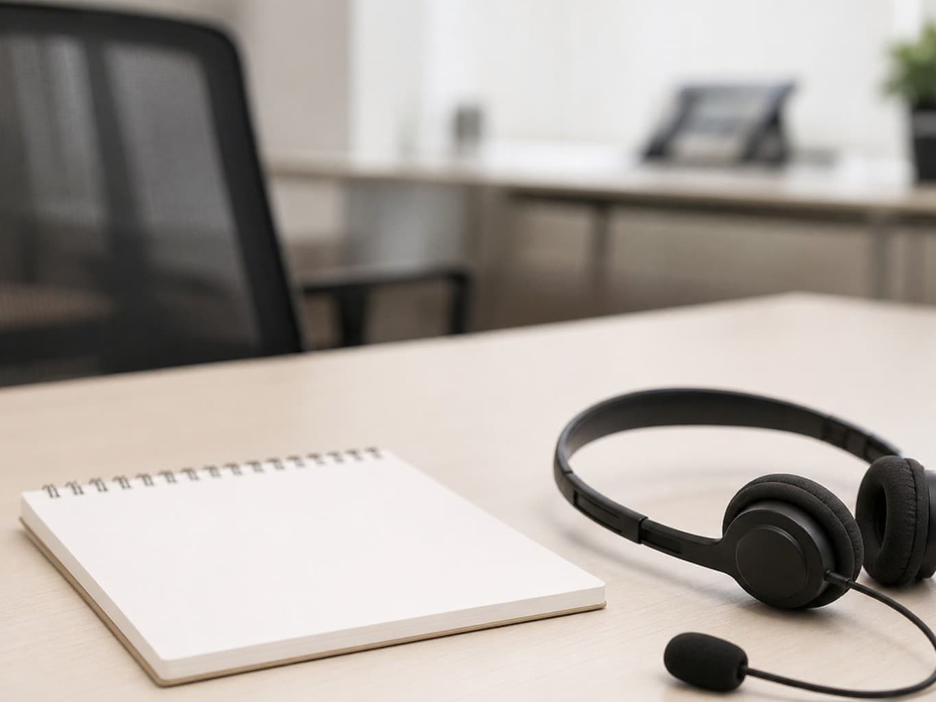 デスクに置かれたヘッドセットとメモ帳 - Headset and blank notepad on a call center desk