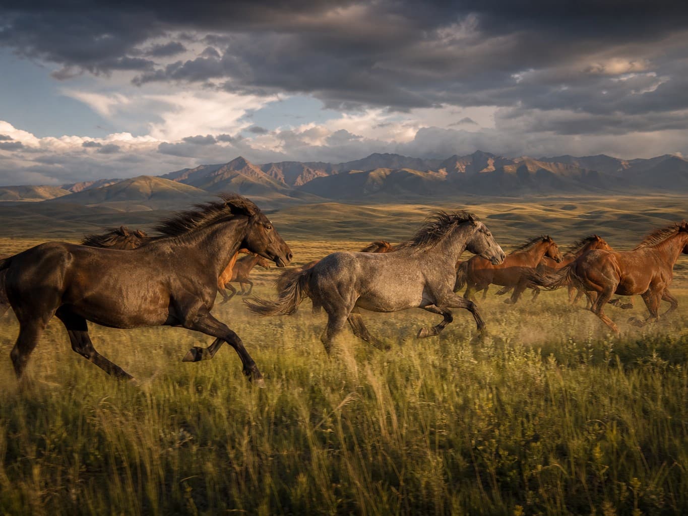 草原を駆ける野生馬の群れ - Herd of wild horses galloping across a grassland