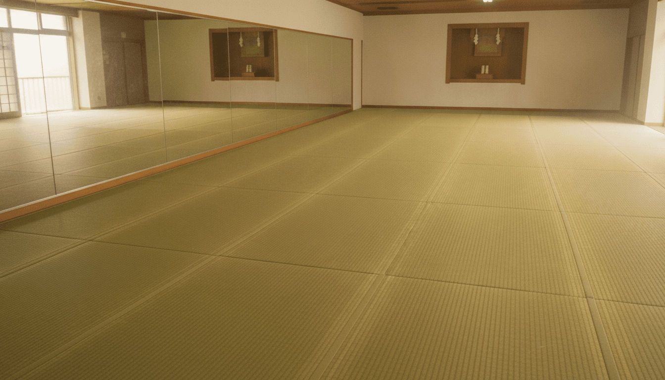 壁に鏡が設置された静かな柔道場の畳