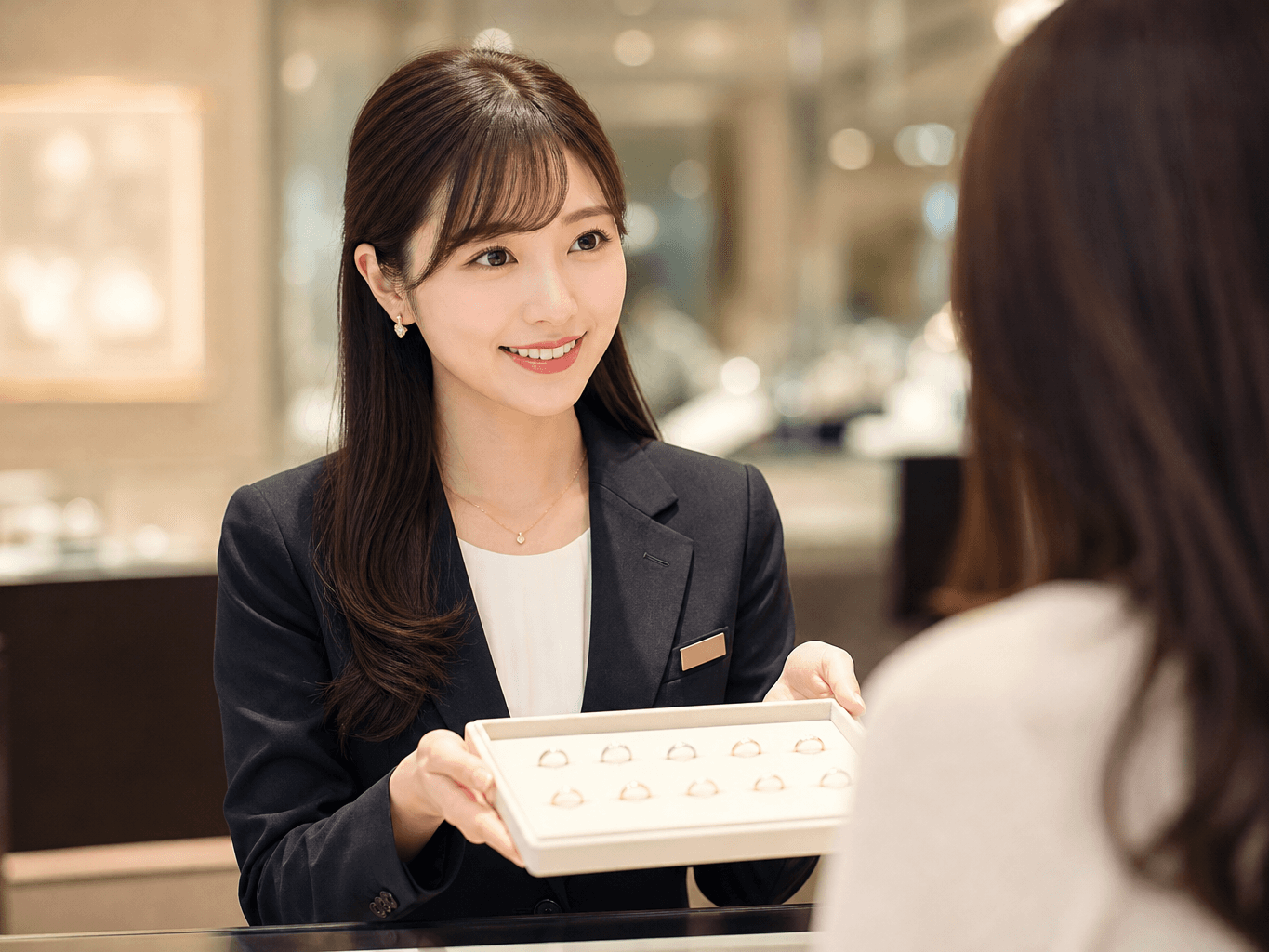 指輪を見せるジュエリー店員 - Jewelry Store Staff Presenting Rings