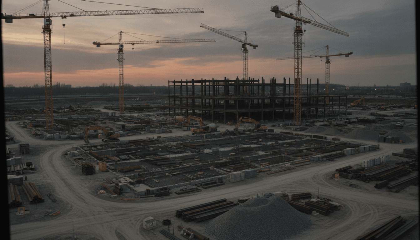 クレーンが稼働する建設現場の遠景