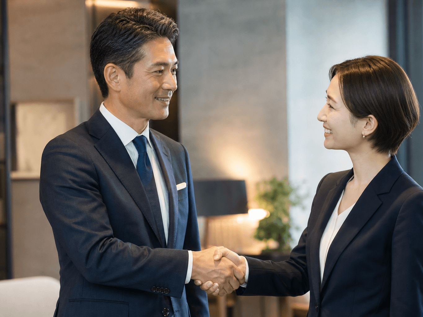 商談成立で笑顔で握手するビジネスパーソン - Business professionals shaking hands after successful deal
