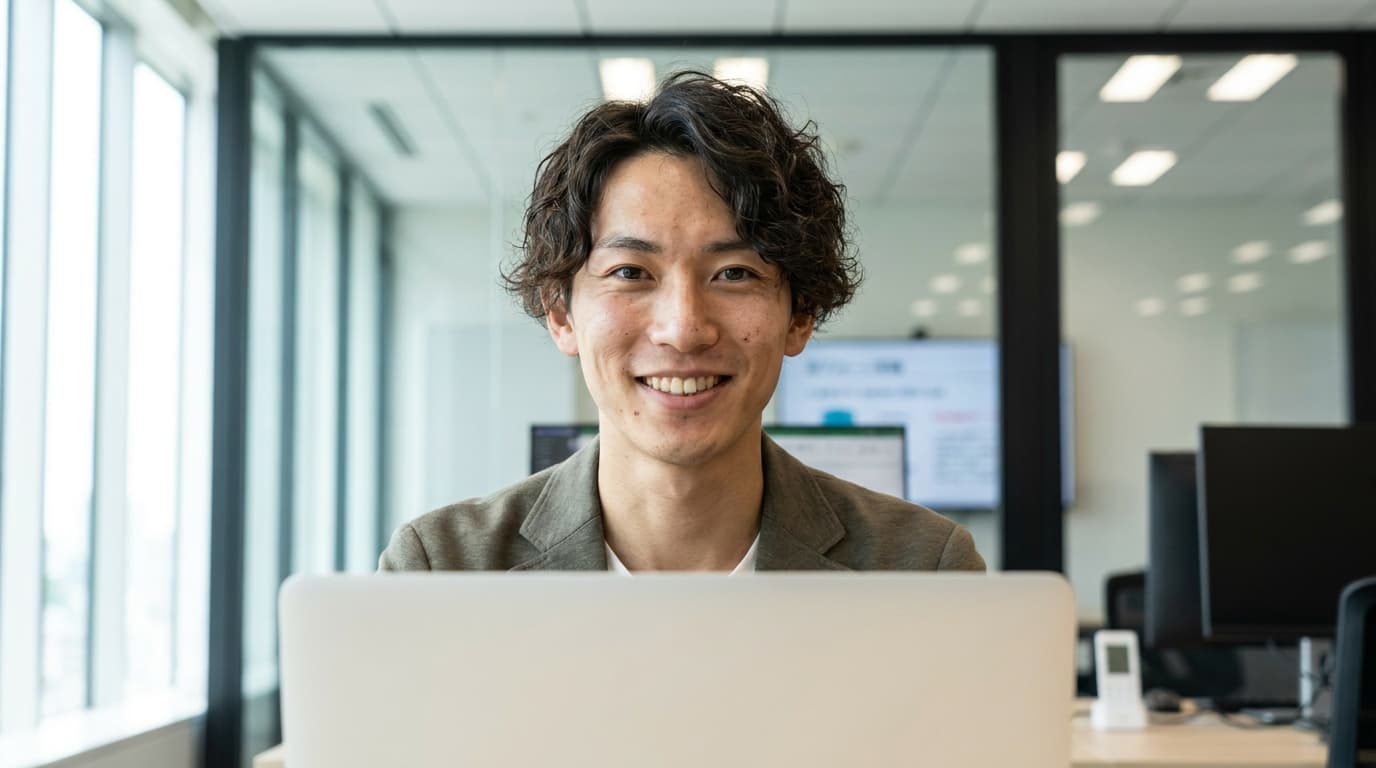 明るいオフィスのデスクで微笑む男性社員