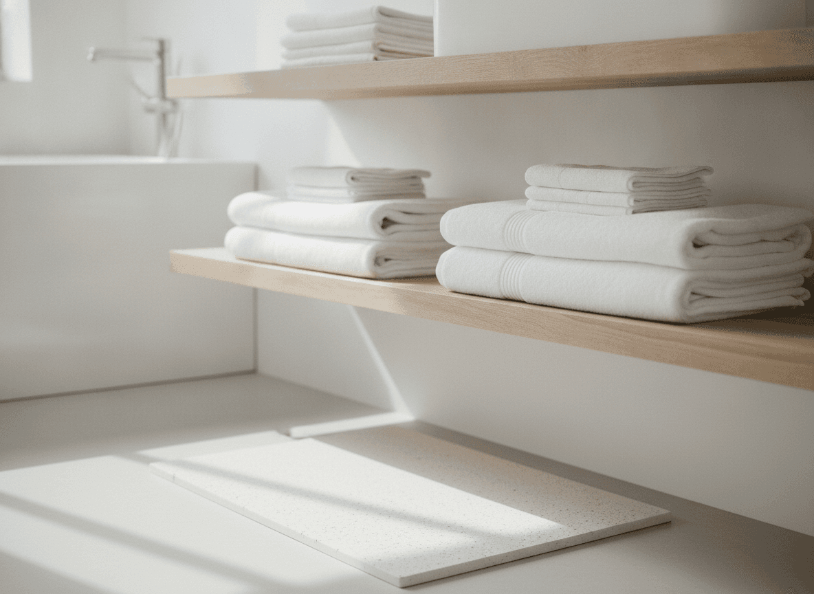 洗面所の木製棚に並ぶ清潔な白いタオル - Neatly Folded White Towels and Bath Mat on Wooden Shelf
