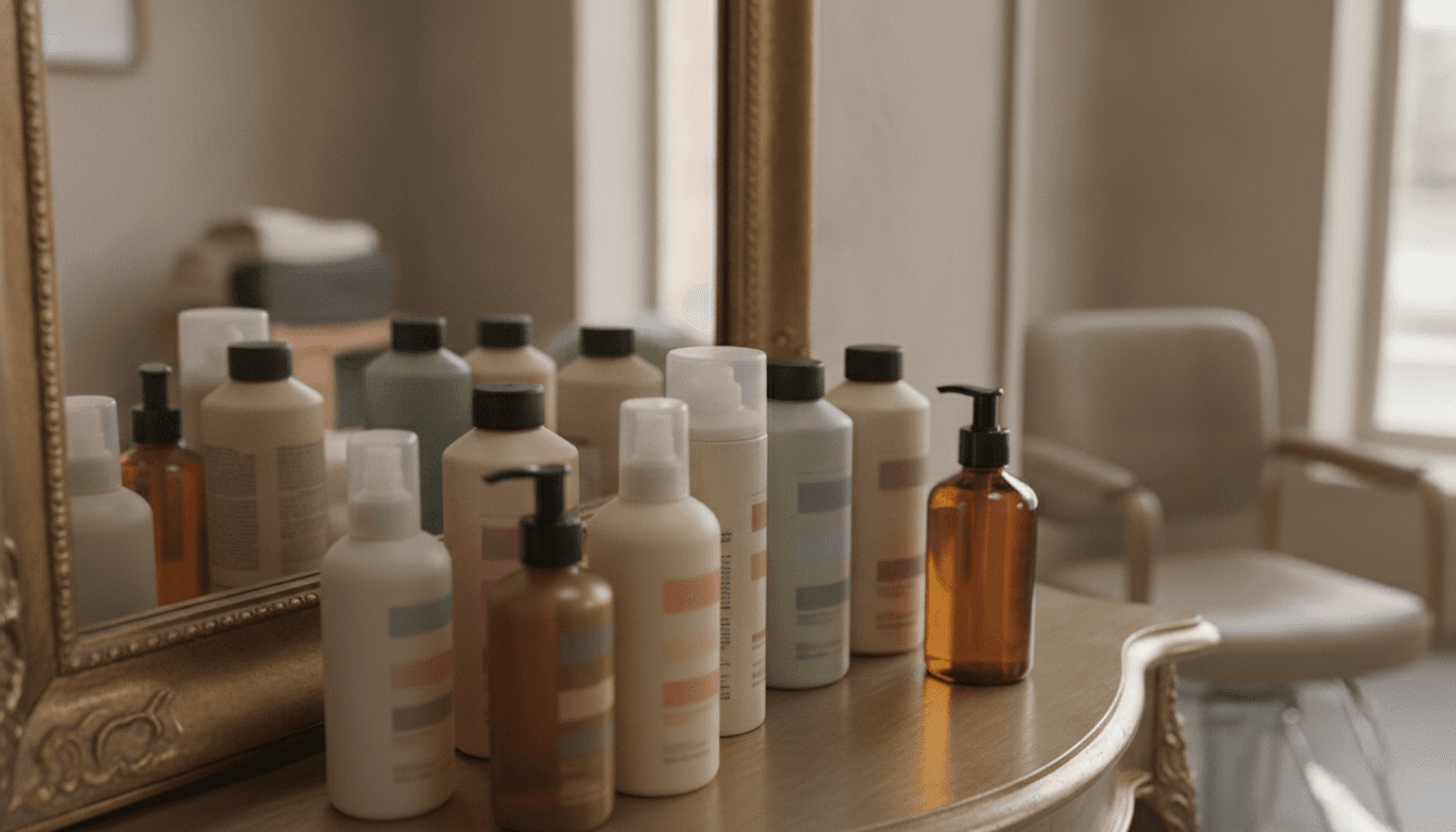 美容室のドレッサーに並ぶヘアケア用品