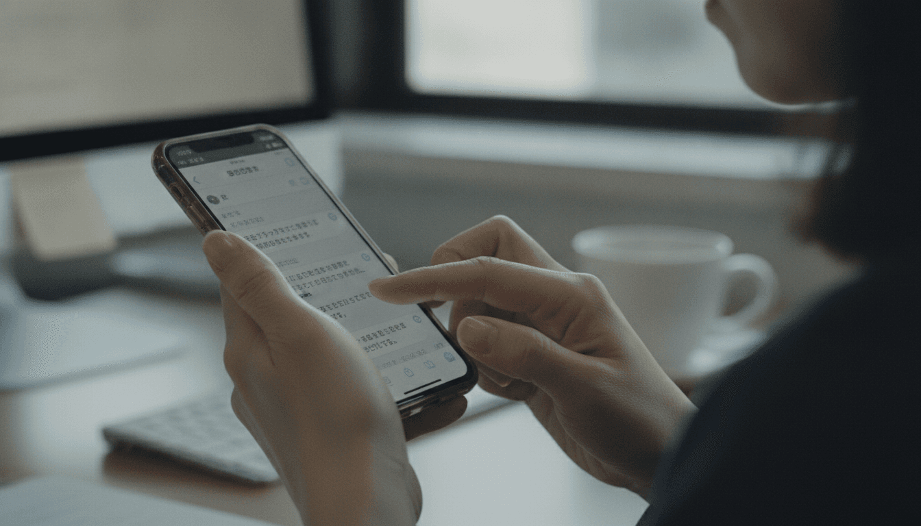 スマホでチャットを操作する手元