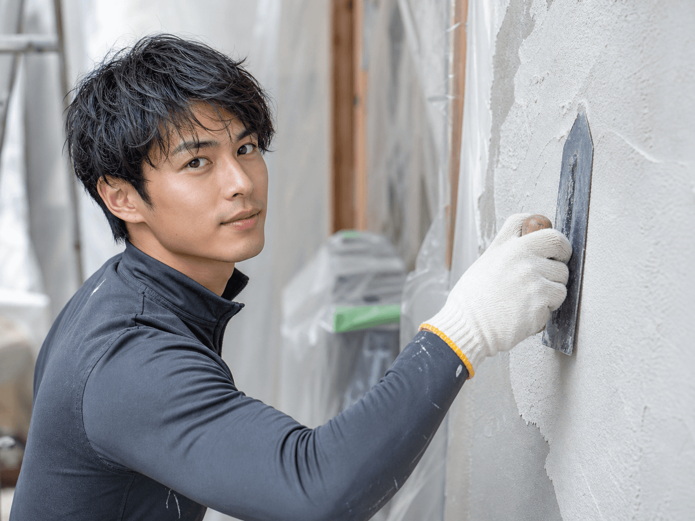 壁に漆喰を塗る左官職人 - Plasterer applying plaster to a wall with a trowel