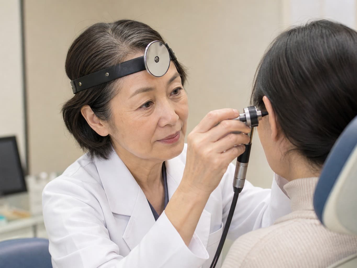 患者の耳をのぞく耳鼻咽喉科医 - ENT doctor examining a patient's ear