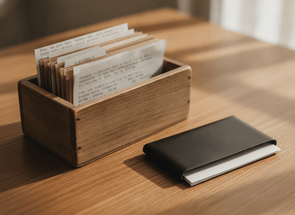 木製レシートケースと黒革マネークリップ - Wooden Receipt Box and Black Leather Money Clip