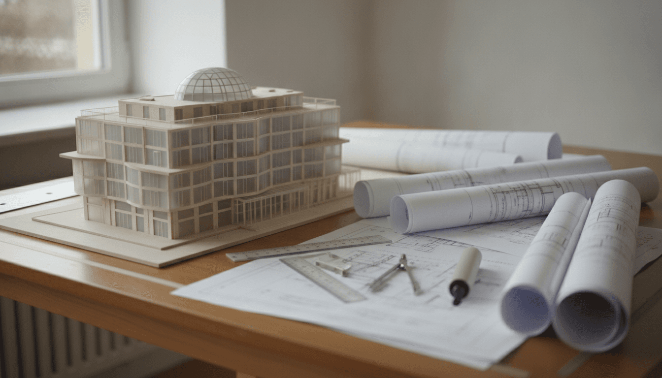 建築模型と設計図が置かれたデスク