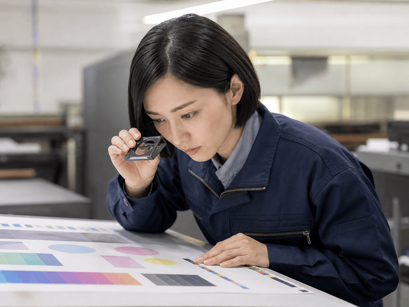 校正刷りを確認する印刷会社のスタッフ - Print Shop Staff Checking a Proof Sheet