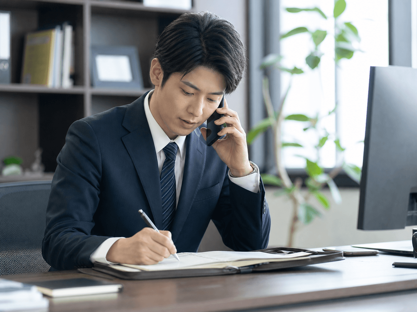 手帳に予定を書き込む男性マネージャー - Manager Writing in a Planner While on the Phone