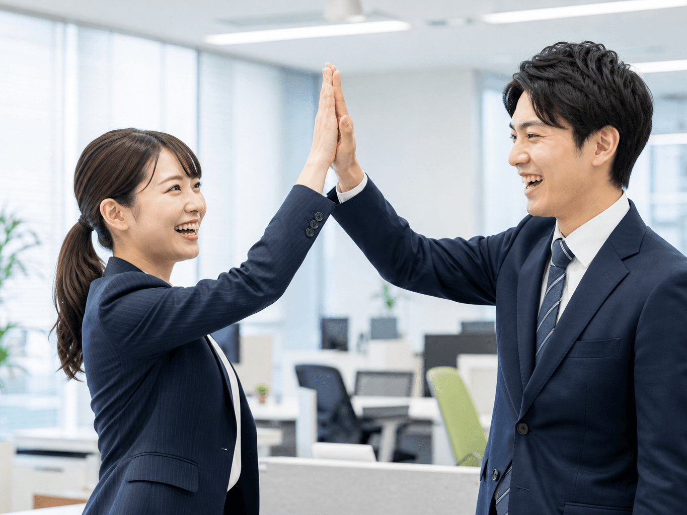プロジェクト成功を喜び合い笑顔でハイタッチを交わすスーツ姿の同僚男女二人