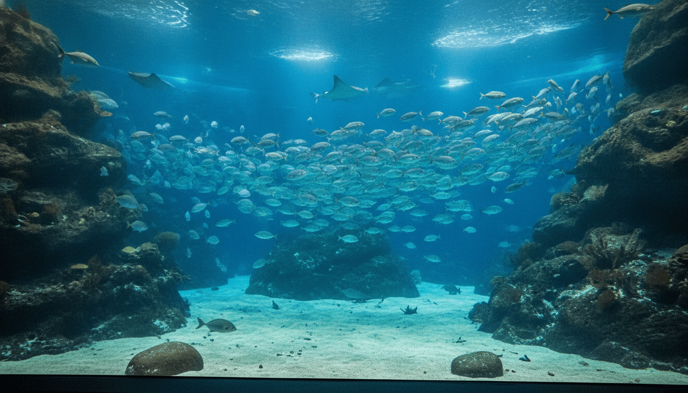 水族館の大水槽を泳ぐ魚の群れ