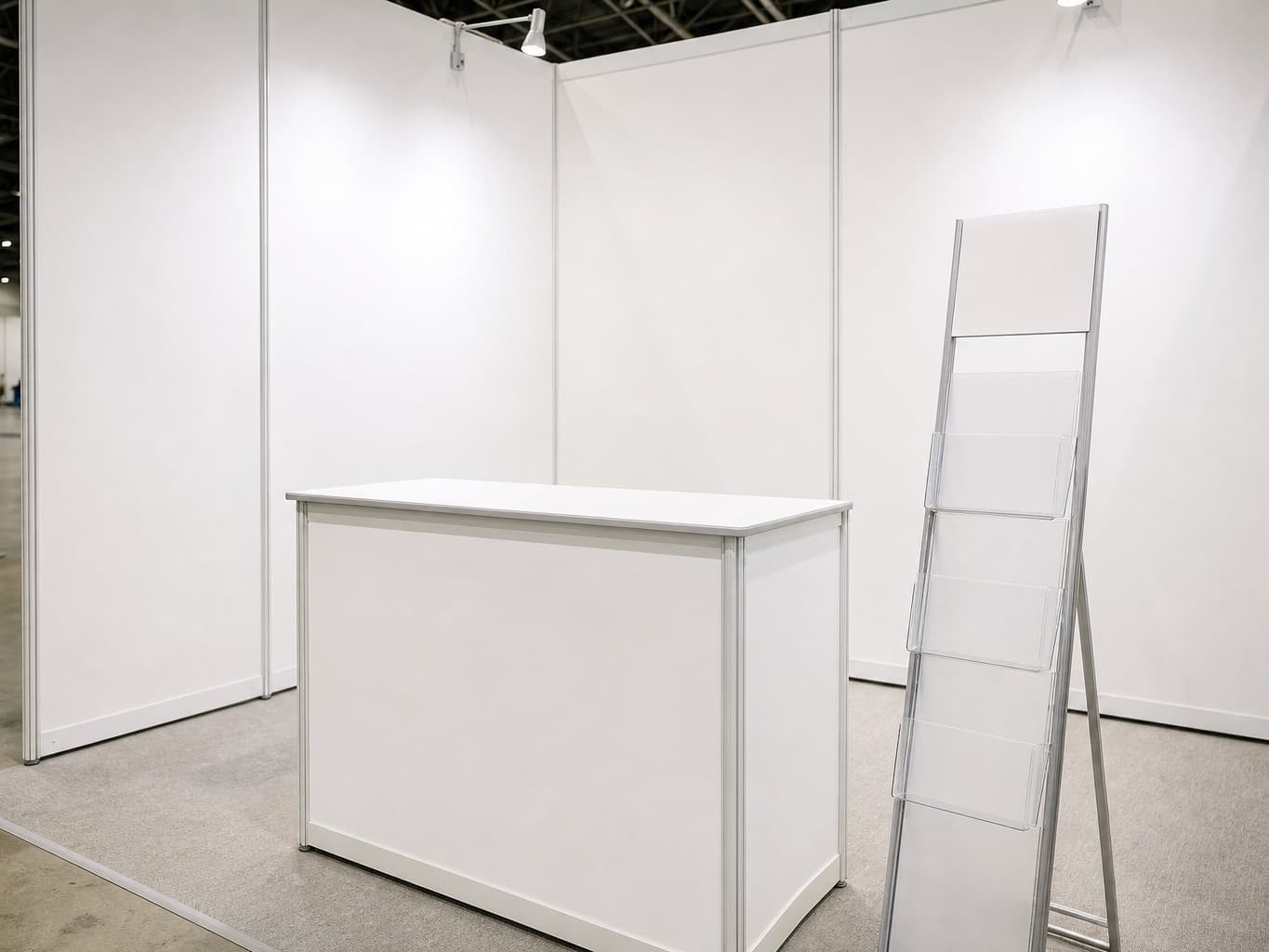 展示会場の無人ブースのカウンター - Empty trade show booth counter with a brochure stand