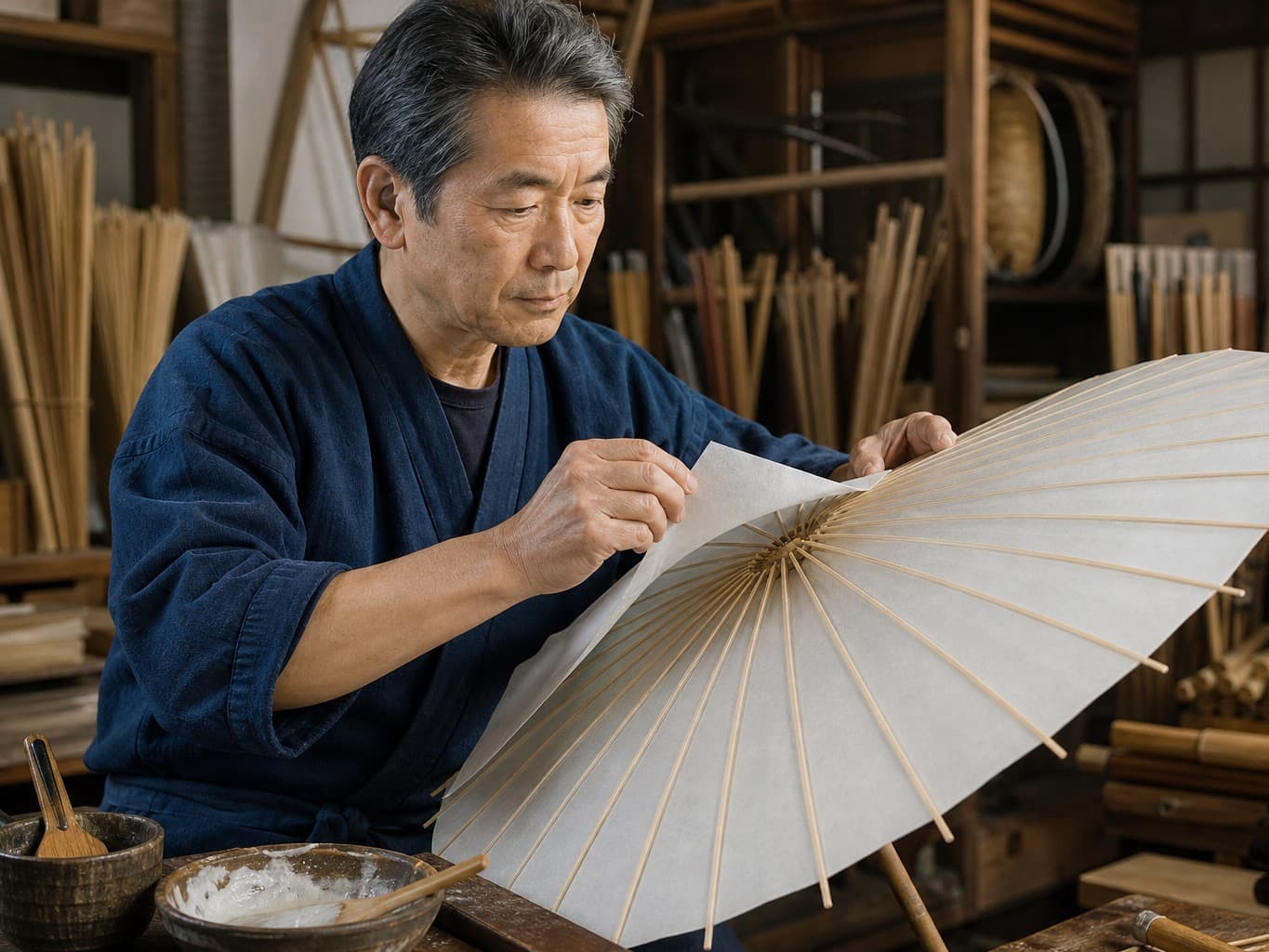 竹骨に和紙を貼る和傘職人 - umbrella craftsman pasting washi on a bamboo frame