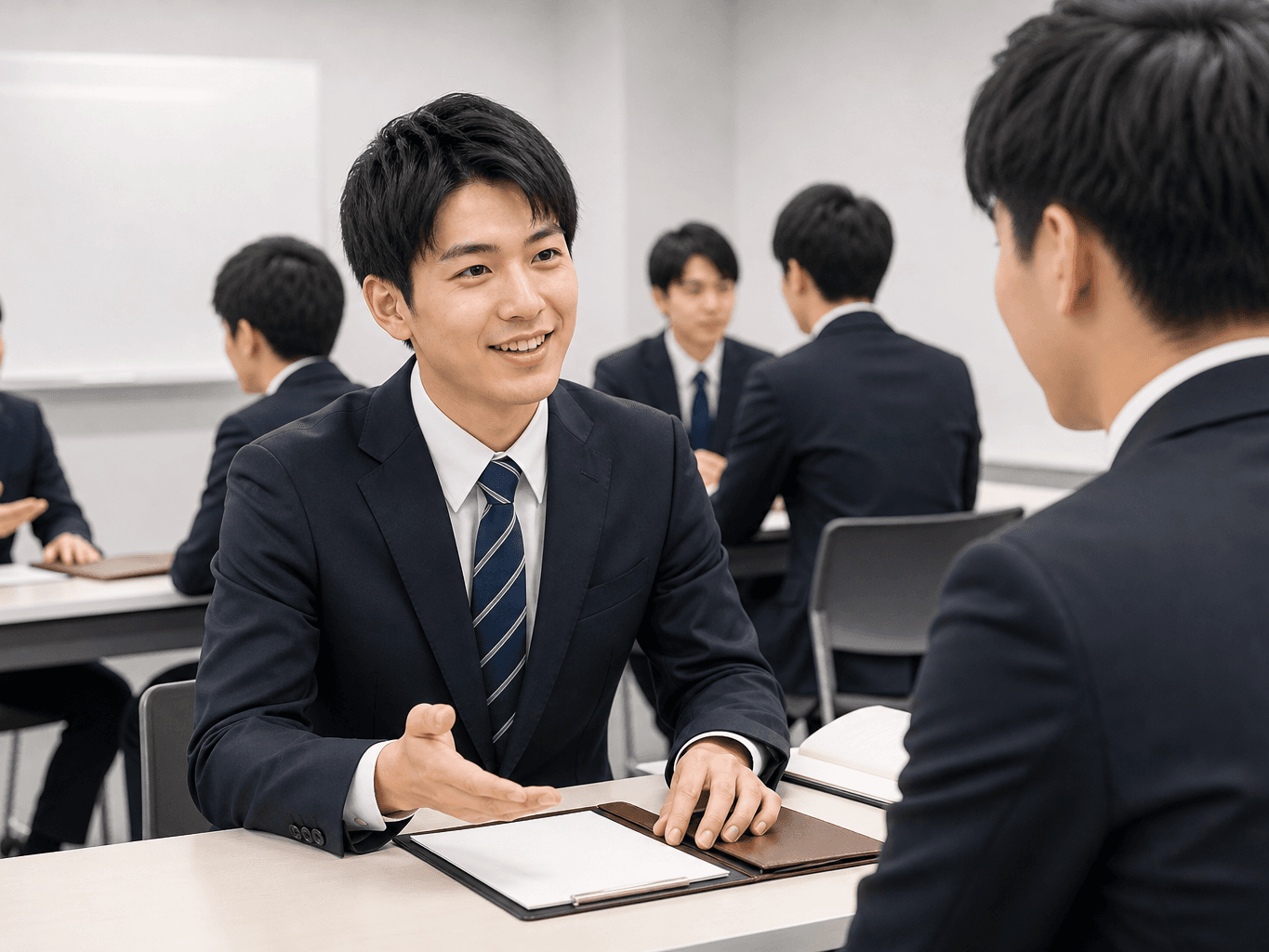 研修室でロールプレイ形式の接客練習に取り組む新人の様子 - New Employee Practicing Customer Service Role-Play