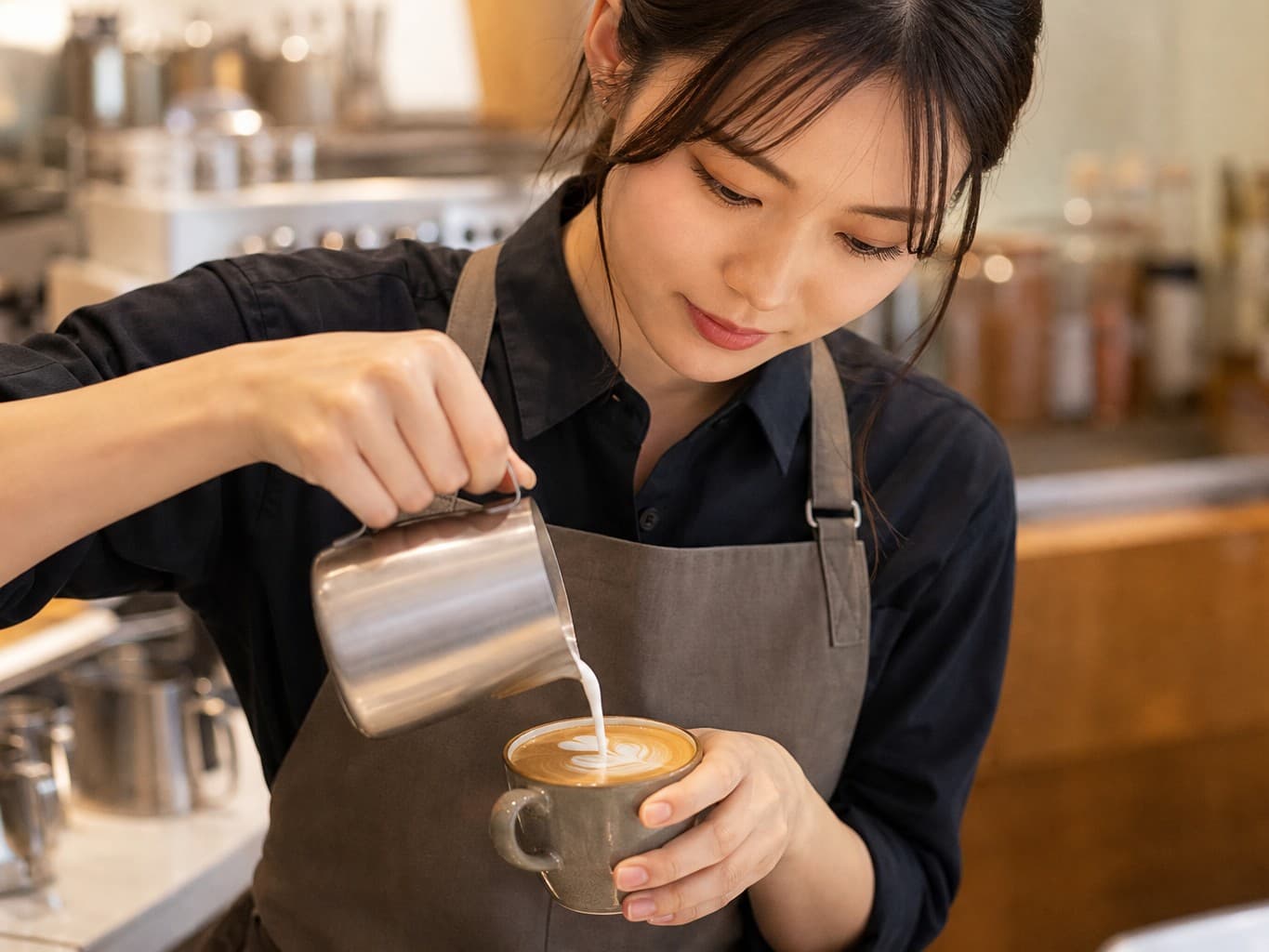 ラテアートを描くバリスタ - Barista pouring latte art at a cafe counter