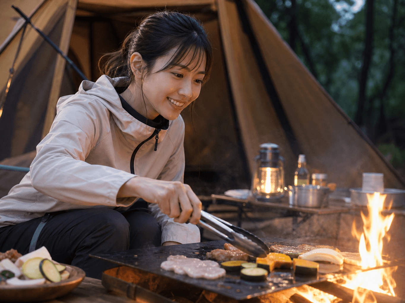 焚き火で夕食を準備するキャンプの様子 - Cooking dinner over a campfire at dusk