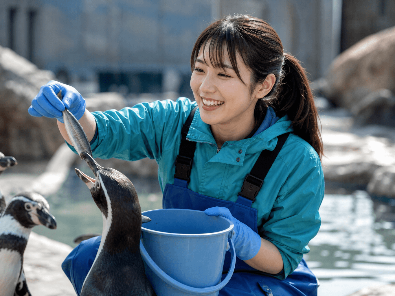ペンギンの世話をする飼育員 - Zookeeper Feeding Penguins