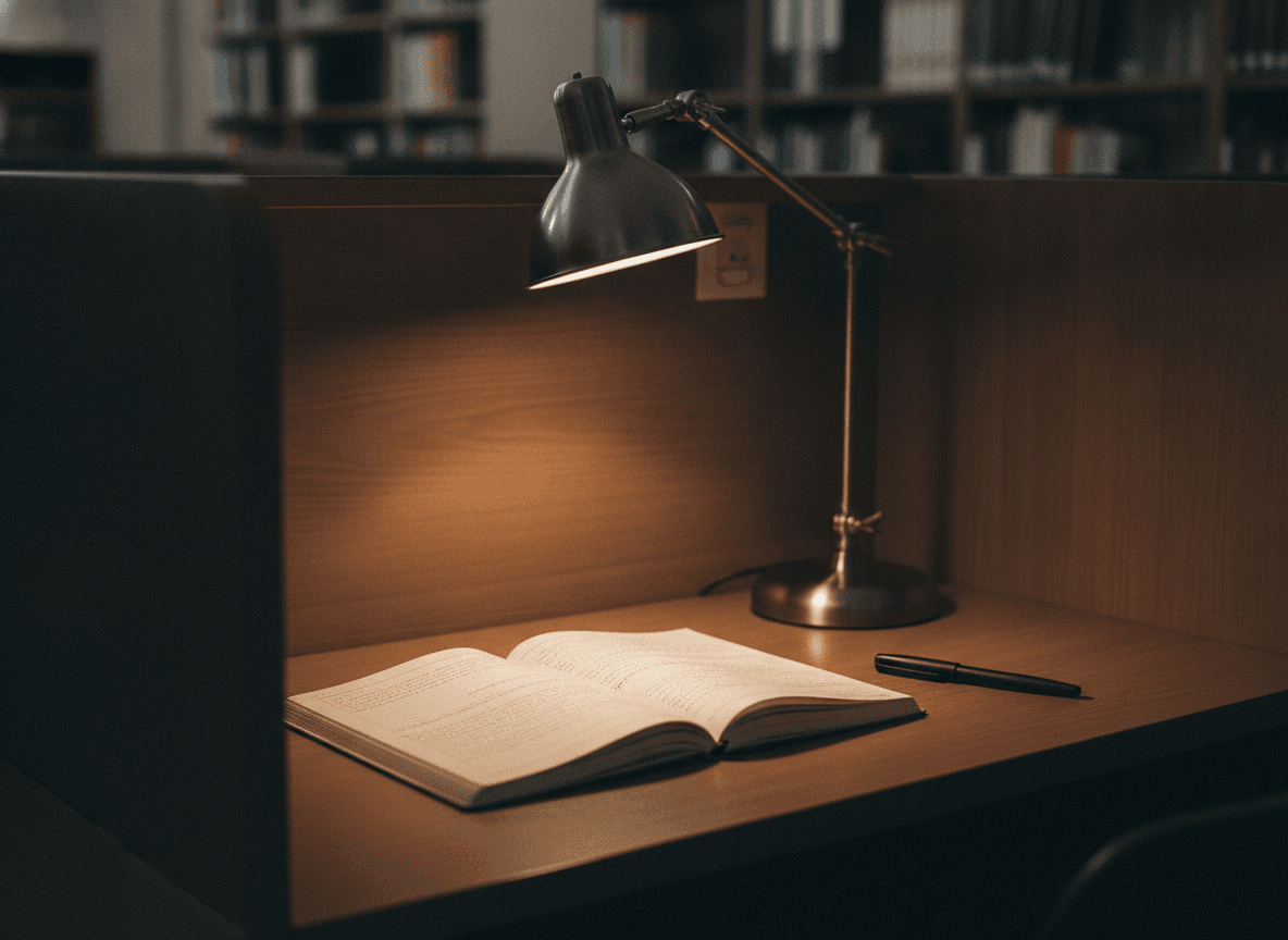 図書館の木製学習ブースとデスクライト - Desk Lamp and Open Notebook in a Library Cubicle