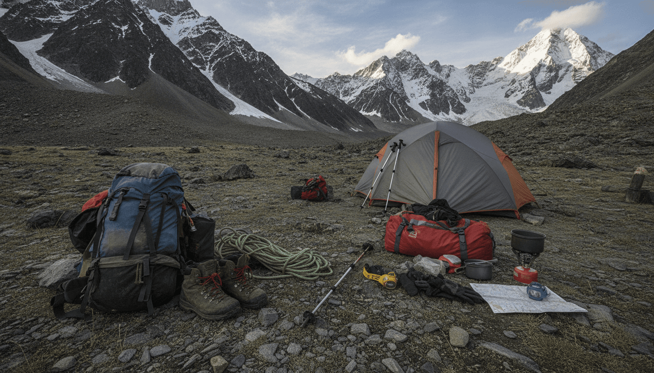 山脈を望むベースキャンプに並ぶ登山装備