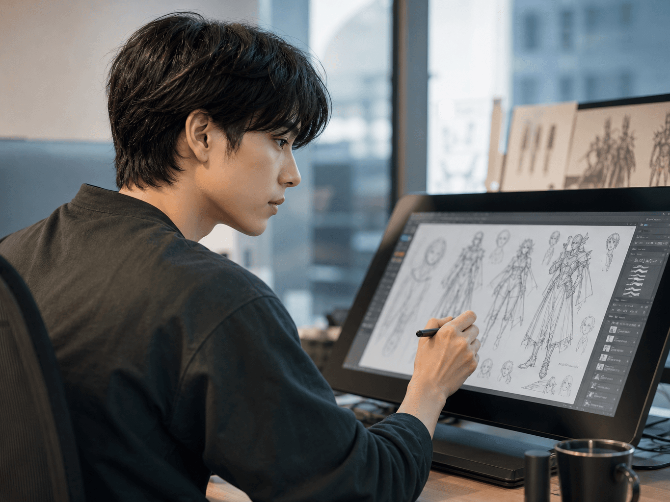 キャラクターデザインを描くデザイナー - Game Designer Drawing a Character Design