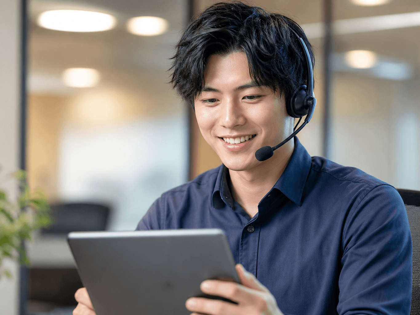 ヘッドセットで応対する男性オペレーター - Male Operator Assisting Customer with Headset