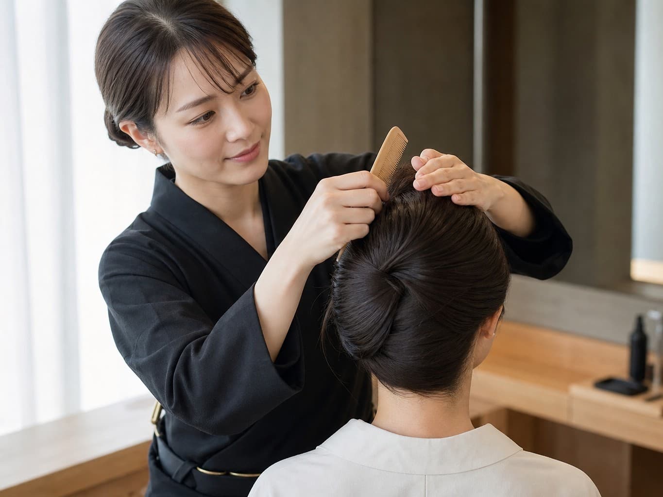 髪を結い上げる結髪師 - Hair stylist pinning up traditional hairstyle
