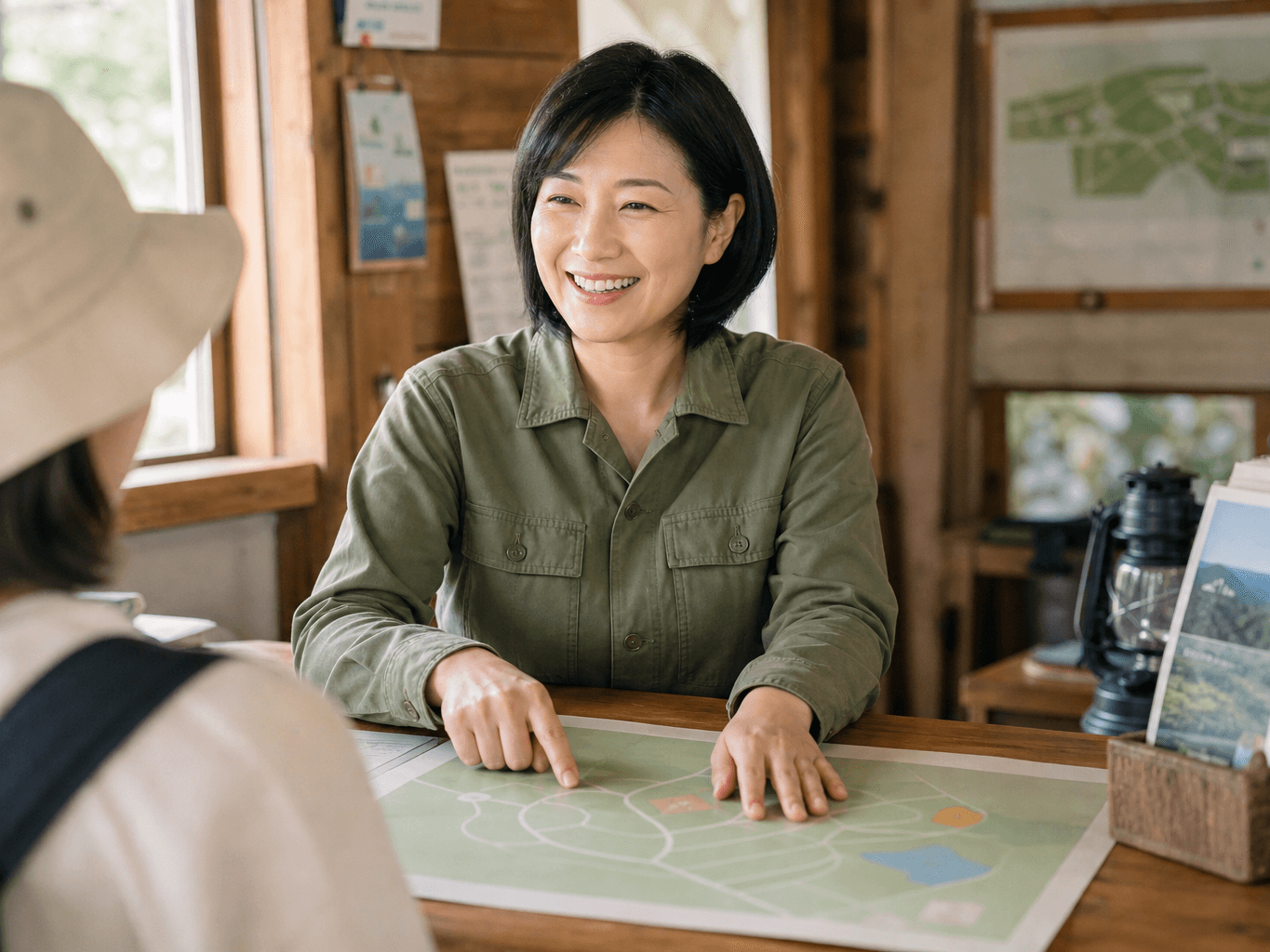受付をするキャンプ場の管理人 - Campground Manager Assisting a Visitor