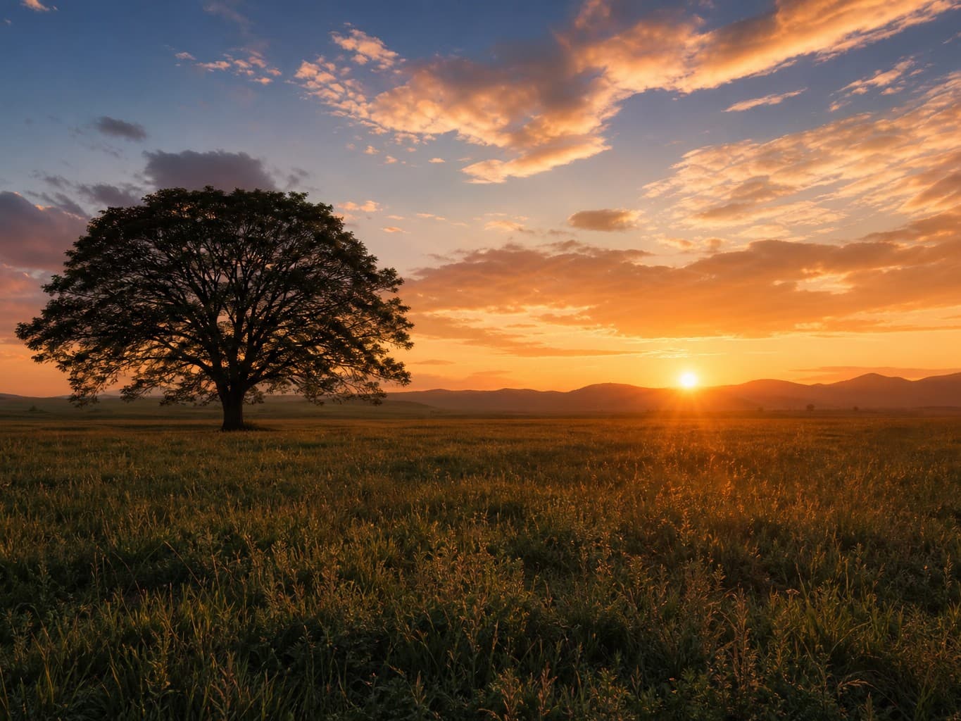 夕焼けの草原に立つ一本の木 - Lone tree on a grassland under a sunset sky