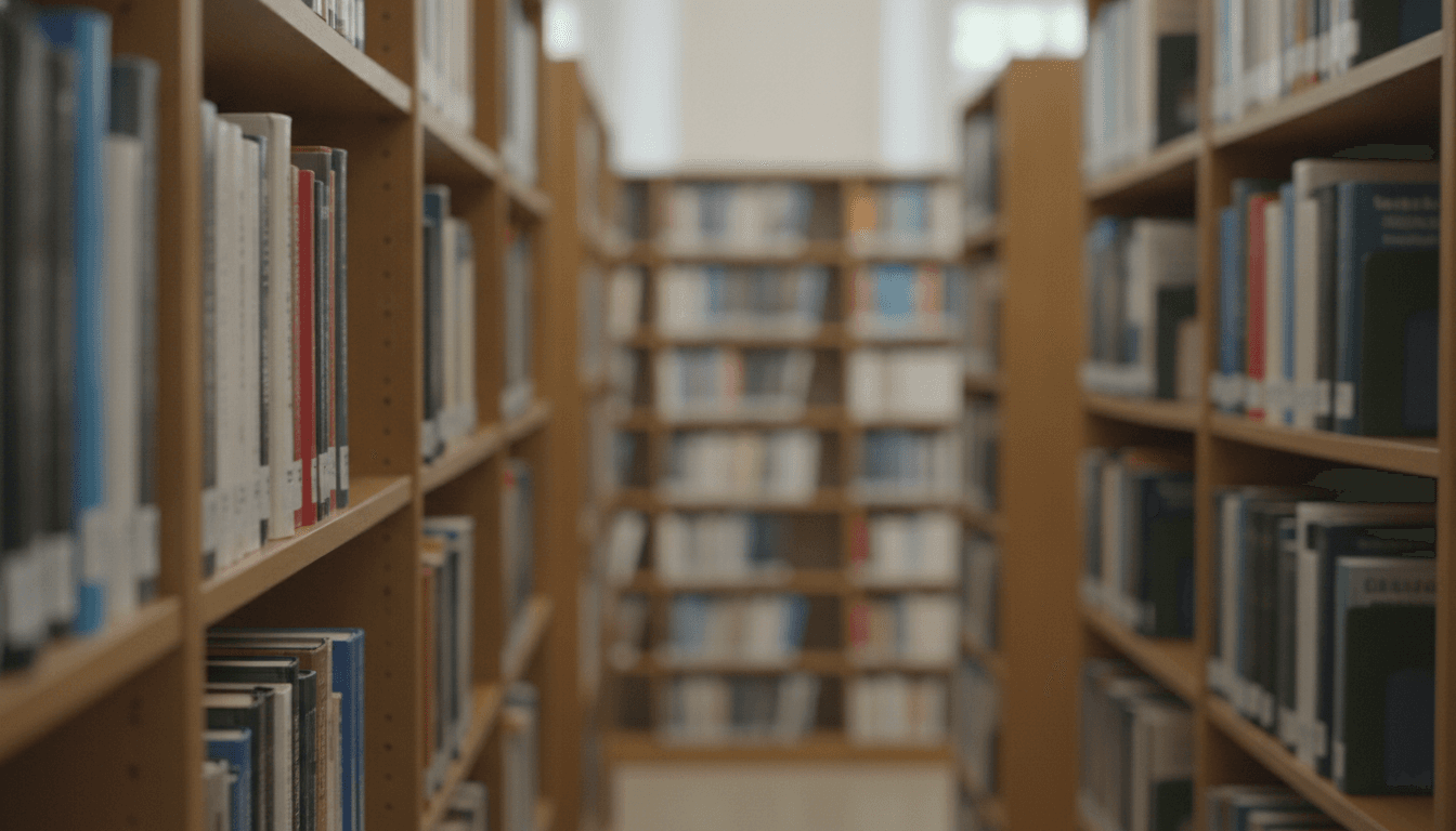 図書館の書架に整然と並ぶ本の背表紙