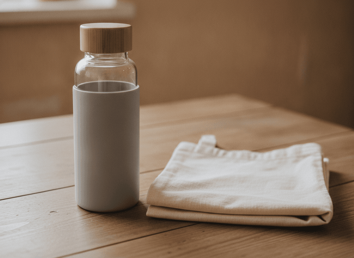 木製テーブルの上に並ぶマイボトルとエコバッグ - Reusable Water Bottle and Folded Bag on Wooden Table
