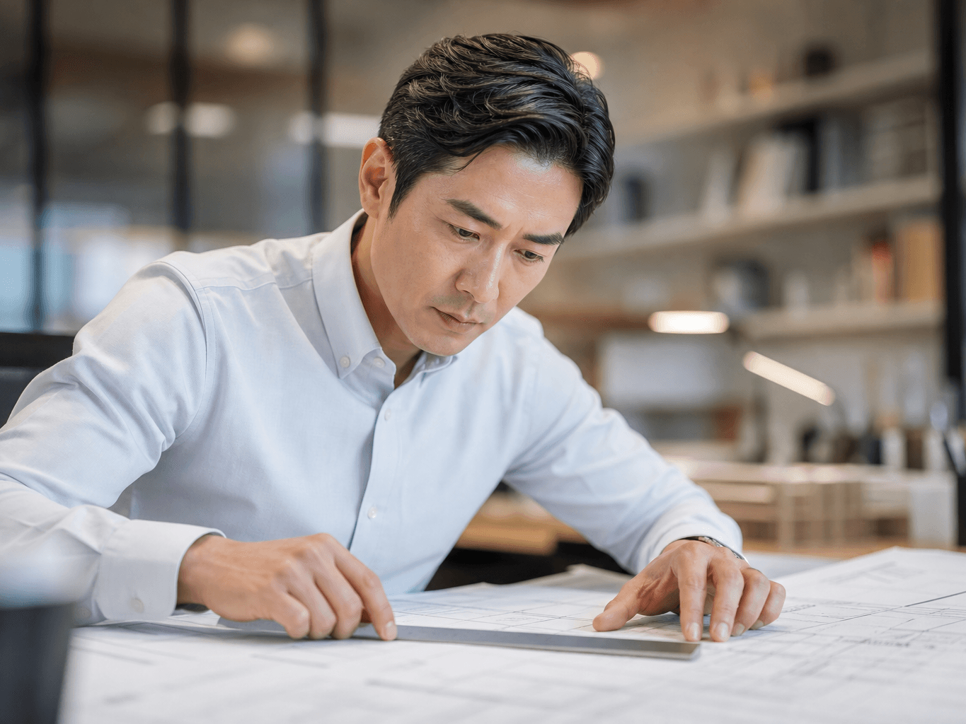図面を確認する建築士 - Architect Reviewing Blueprints at the Office