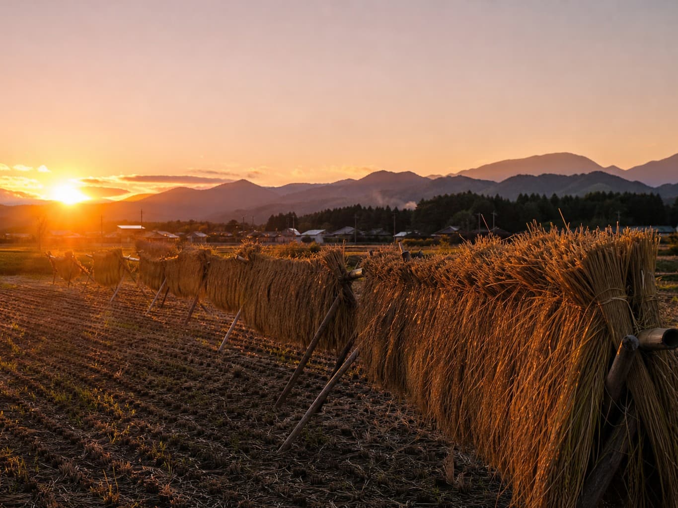 夕景に並ぶ稲のはざ掛け - Rice sheaves drying on racks in a harvested field at dusk
