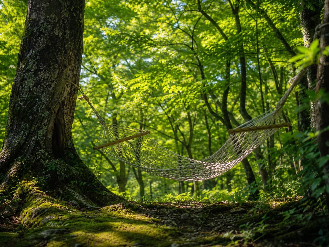 木漏れ日が差す森のハンモック - Hammock hung between trees in a sunlit forest