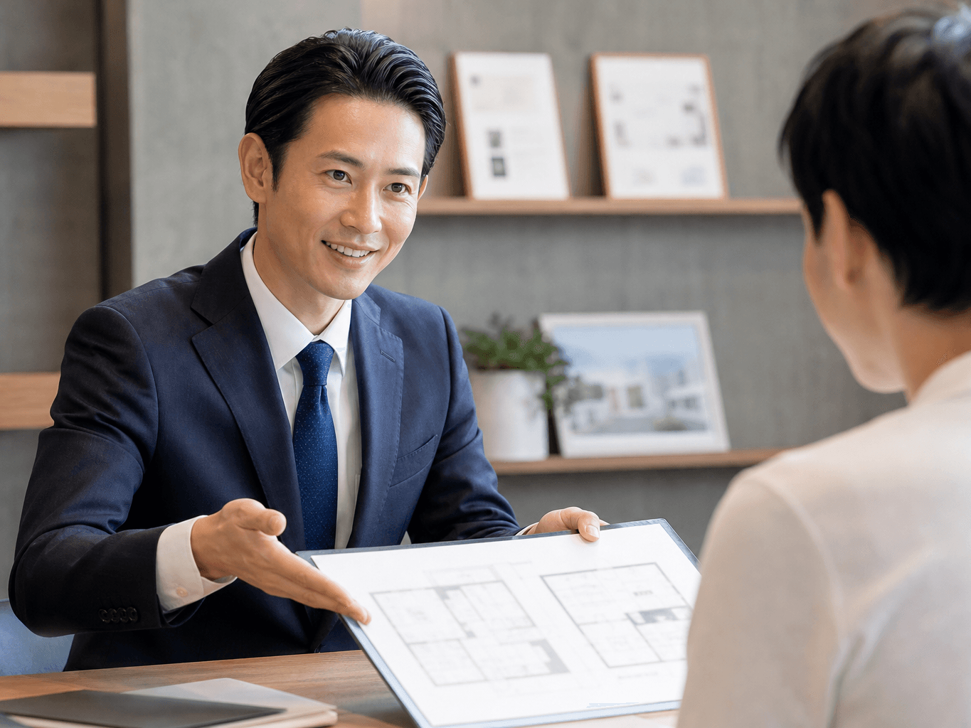 間取り図を見せて接客する不動産スタッフ - Real Estate Agent Explaining Floor Plans at Counter