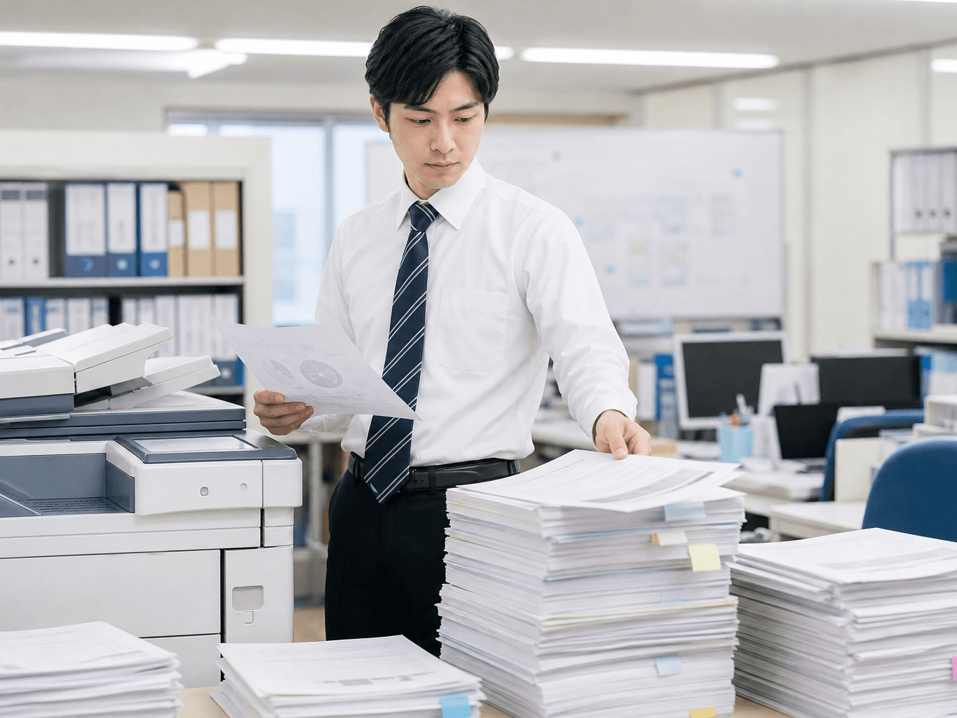 コピー機の前で大量の資料を印刷し整理するオフィスワーカーの様子 - Printing and Organizing Documents at the Copier