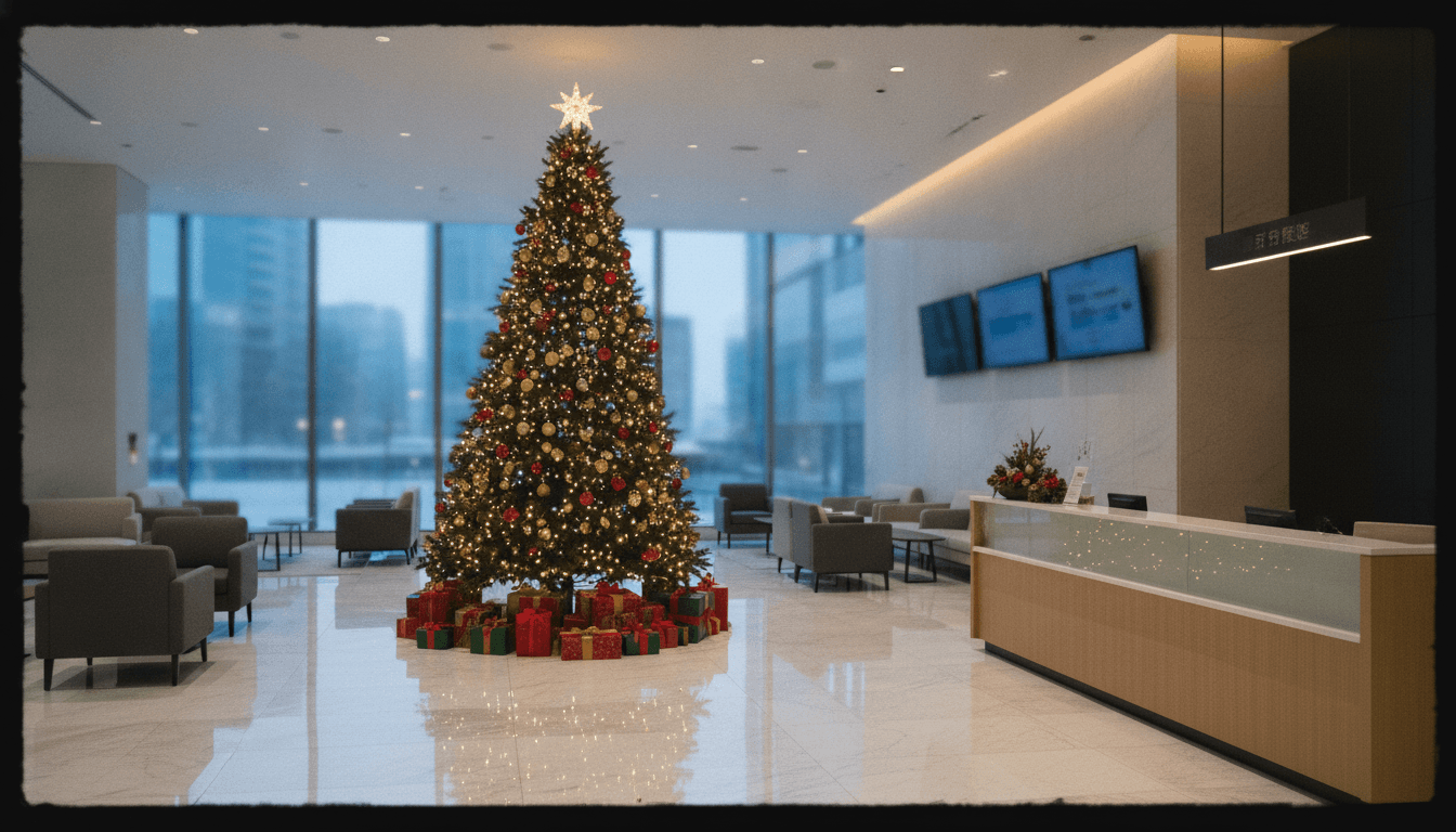 クリスマスツリーが飾られたオフィスロビー