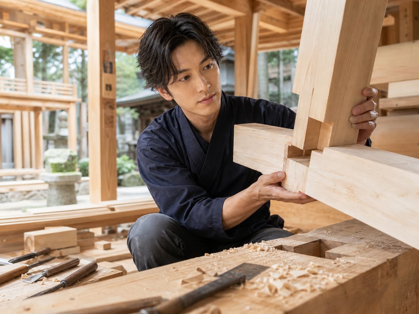 木材を組み上げる宮大工 - Temple carpenter fitting traditional wood joints