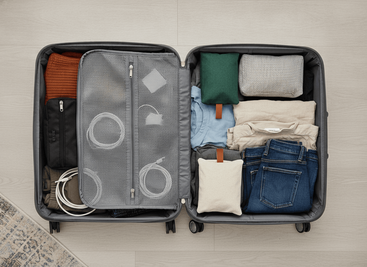 綺麗に整頓されたスーツケースの中身 - Neatly packed suitcase with clothes and travel pouches