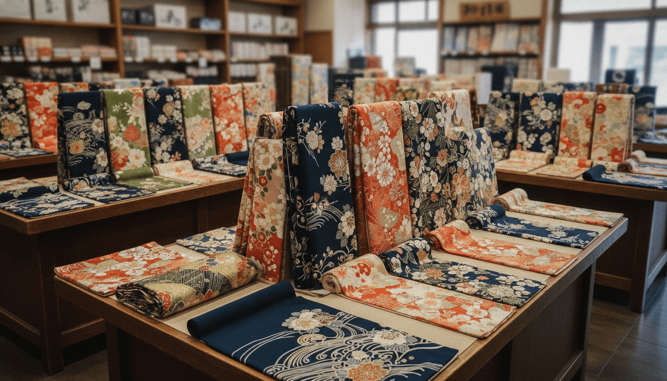 色鮮やかな反物が並ぶ伝統的な呉服店