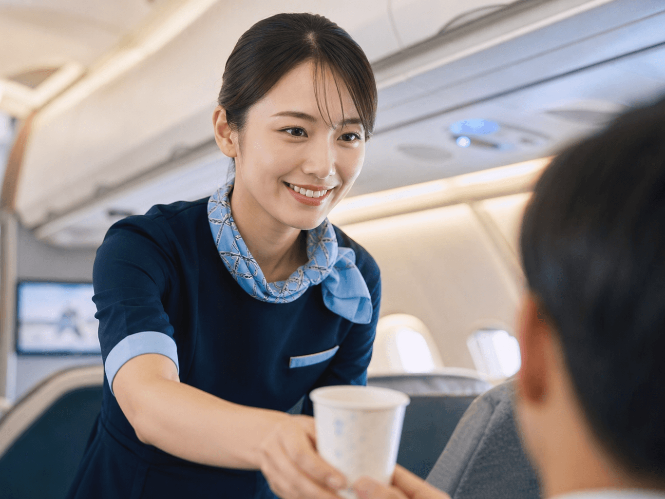 機内で飲み物を提供するキャビンアテンダント - Cabin attendant serving a drink to a passenger
