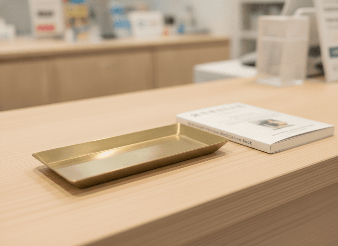 薬局受付の真鍮製コイントレイとお薬手帳 - Brass Coin Tray and Medicine Notebook on Pharmacy Counter