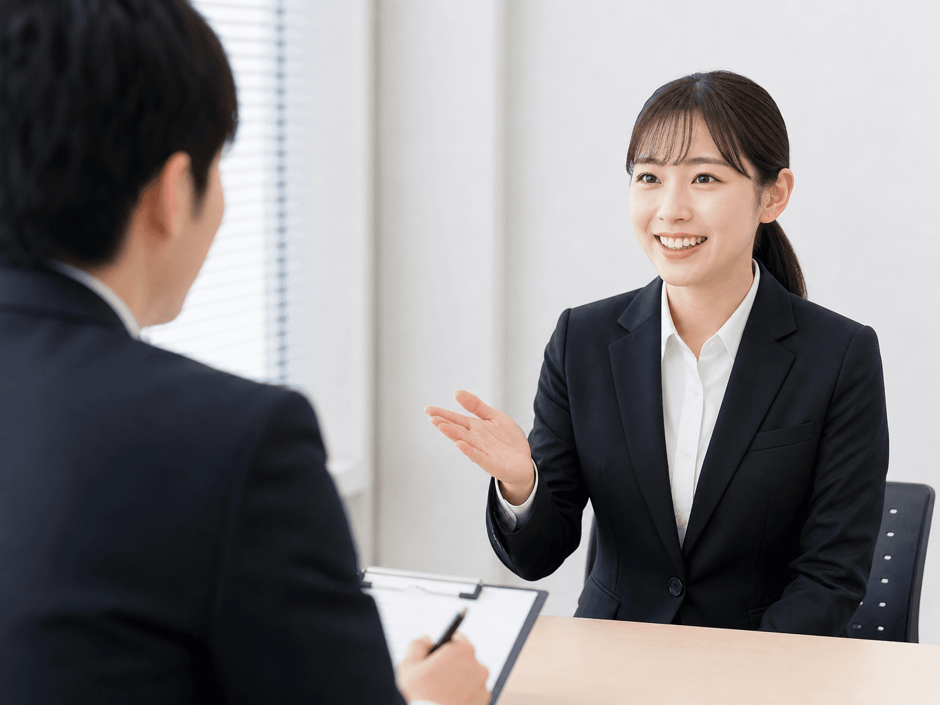 面接官からの質問に笑顔でハキハキと答えるスーツ姿の若い女性応募者の様子