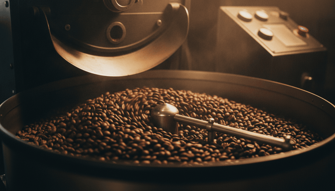 焙煎機の中で煎られていくコーヒー豆