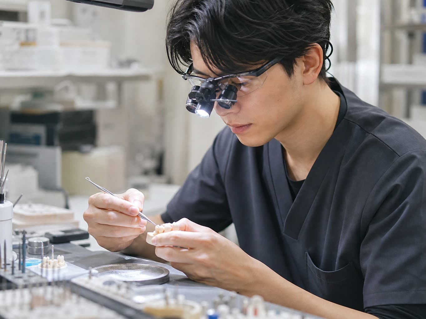 被せ物を製作する歯科技工士 - Dental technician crafting a dental crown