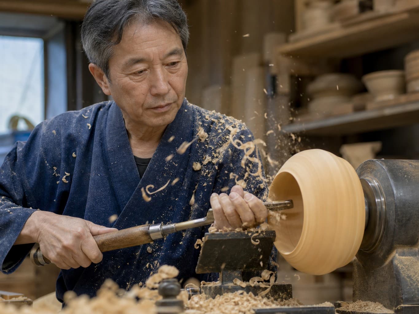 ろくろで木の器を挽く木地師 - Woodturner shaping a wooden bowl on a lathe