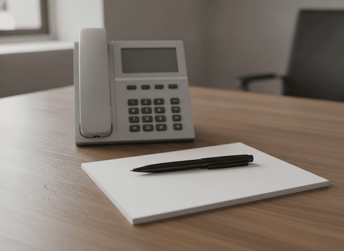 オフィスデスク上の固定電話とメモ帳 - Business Desk Phone and Notepad on Office Desk